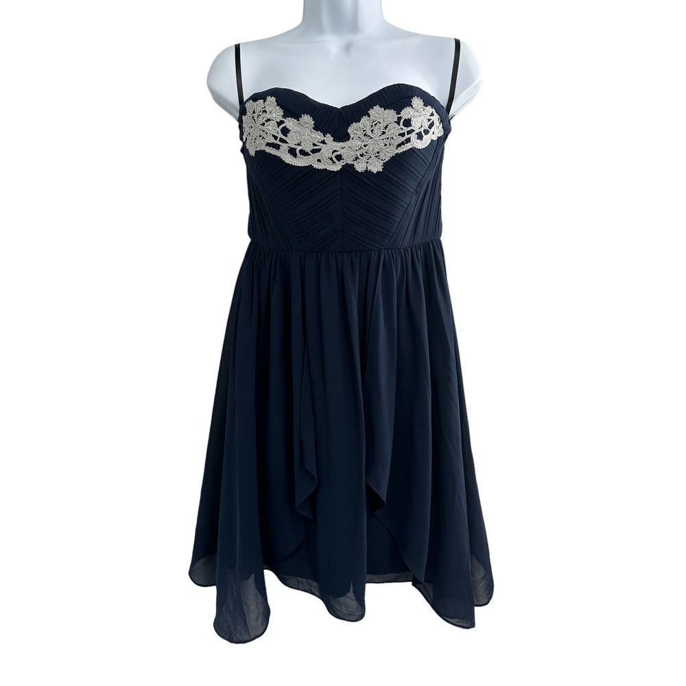 Minuet Navy Women Embellished‎ Sweetheart Fit and Flare Chiffon Mini Dress Small